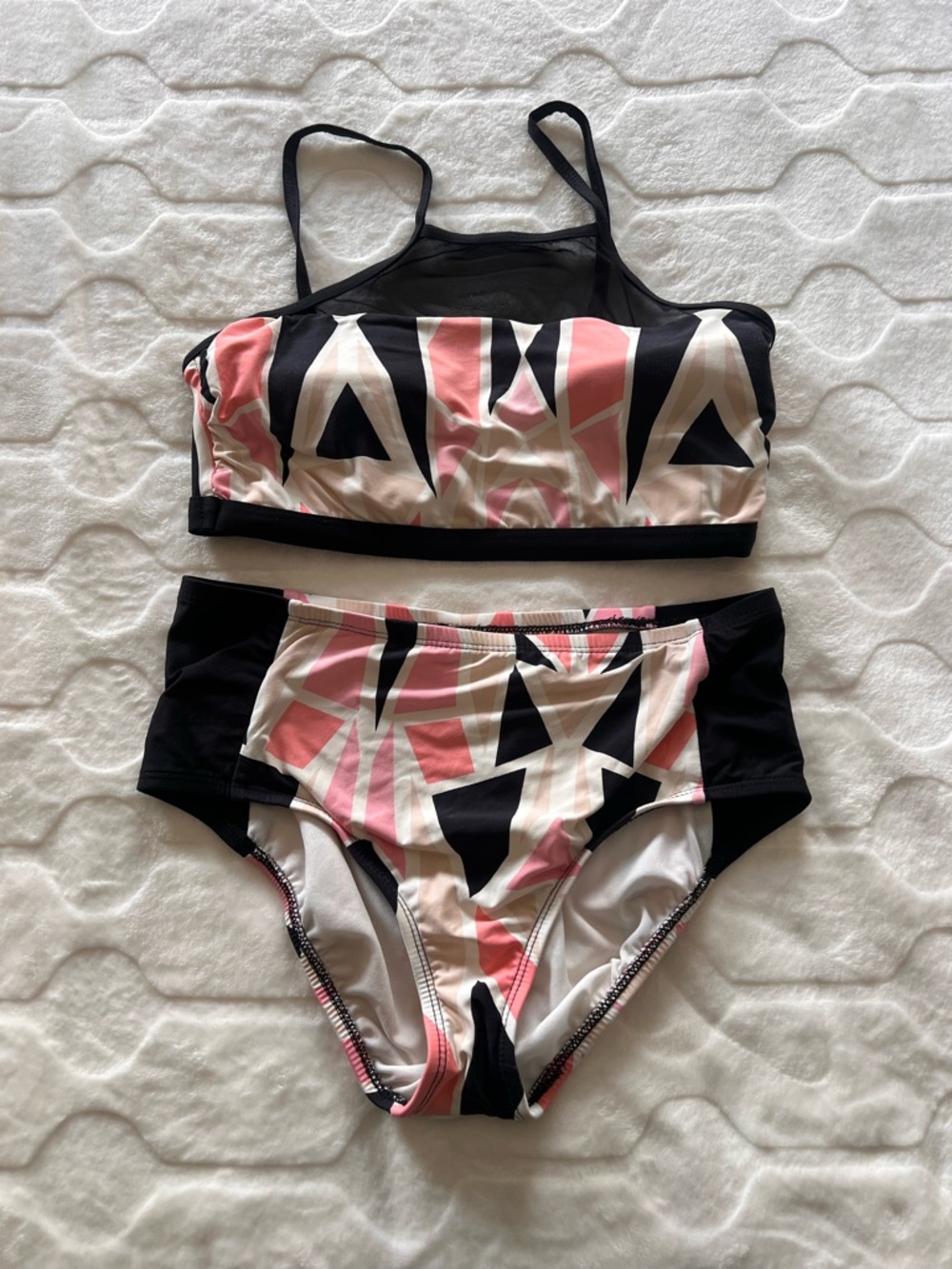 Geometric Print Two-Piece Swim Set in Pink, Black & Cream